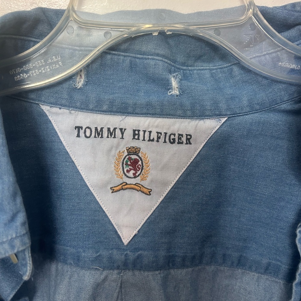 Tommy Hilfiger Light Blue Denim Button-Up Shirt with Crest Patch